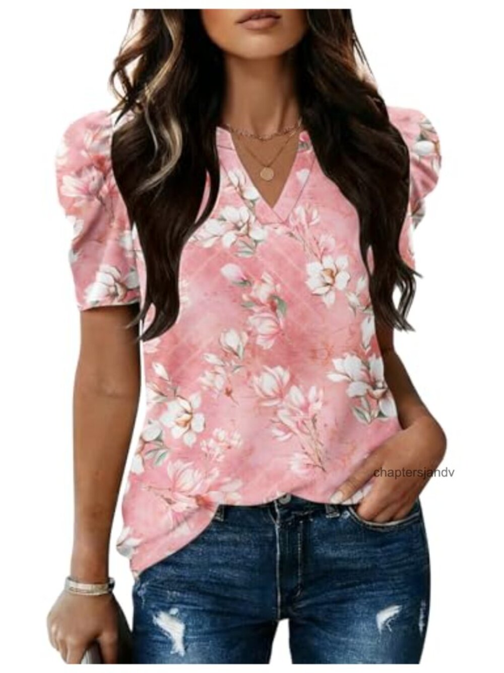 Women's V Neck Puff Short Sleeve Blouse Lightweight Stretchy Floral Work Top